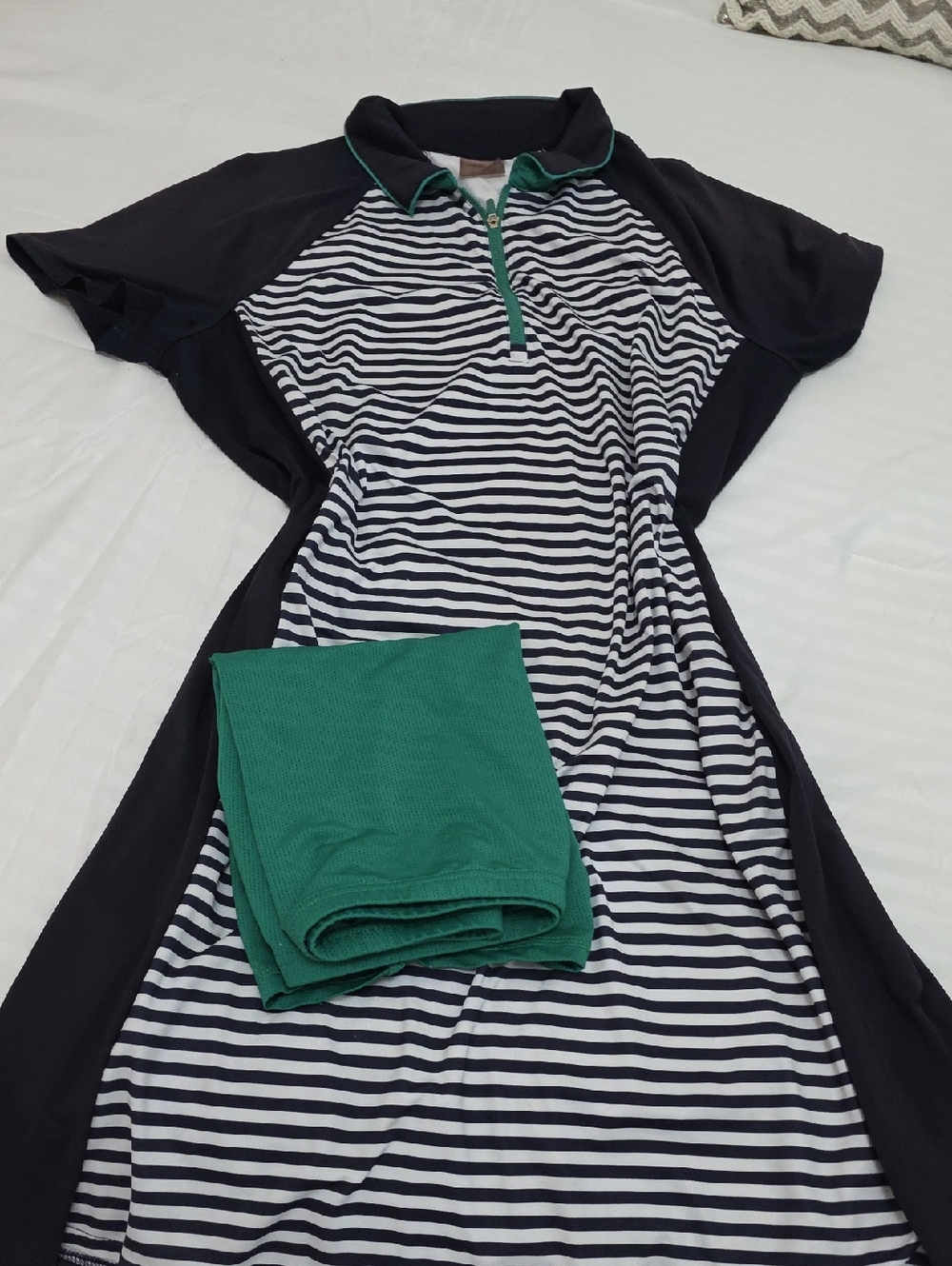 Jofit Navy and White Striped Polo DRESS  with Green Trim & Matching Shorts!